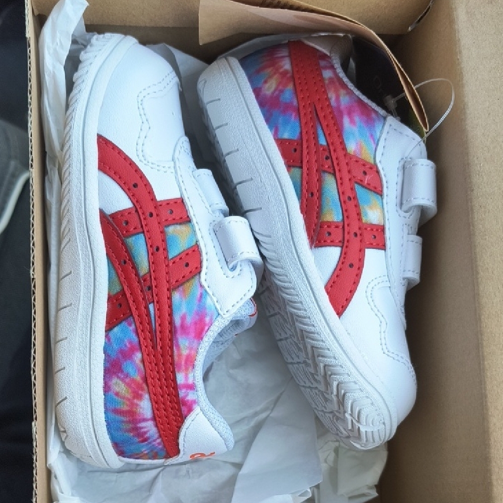 Asics Kids White Sneakers with Red Stripes and Multicolor Tie-Dye